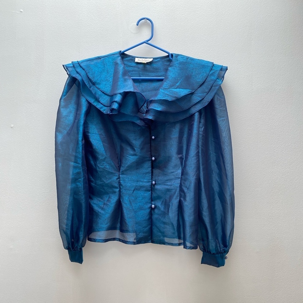 Vintage - Made in Canada Le Chateau Sheer Metallic Blue Oversized Collar Blouse